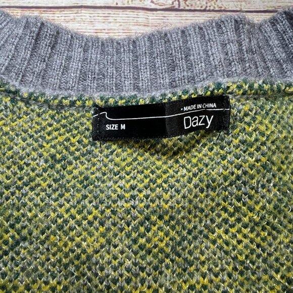 Dazy Gray Cropped Cardigan Sweater Size M Floral Fair Isle Pattern Yellow Green - Picture 7 of 10